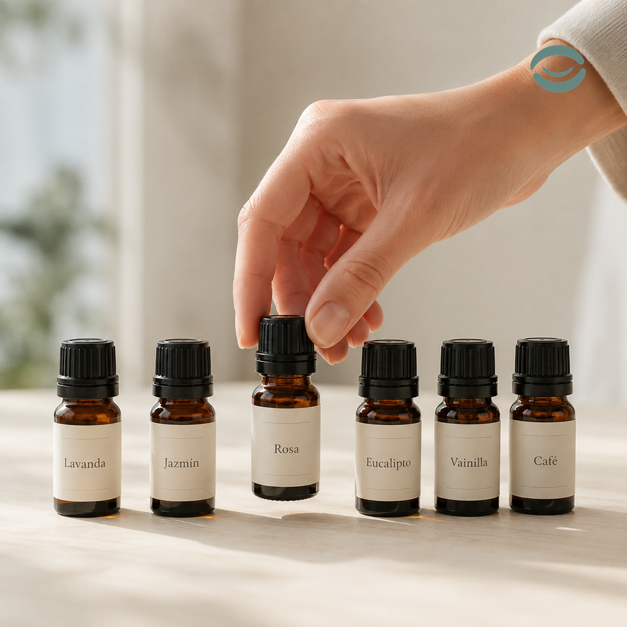 Frasco de 10 ml del set de aromas CALEROA sostenido en la mano