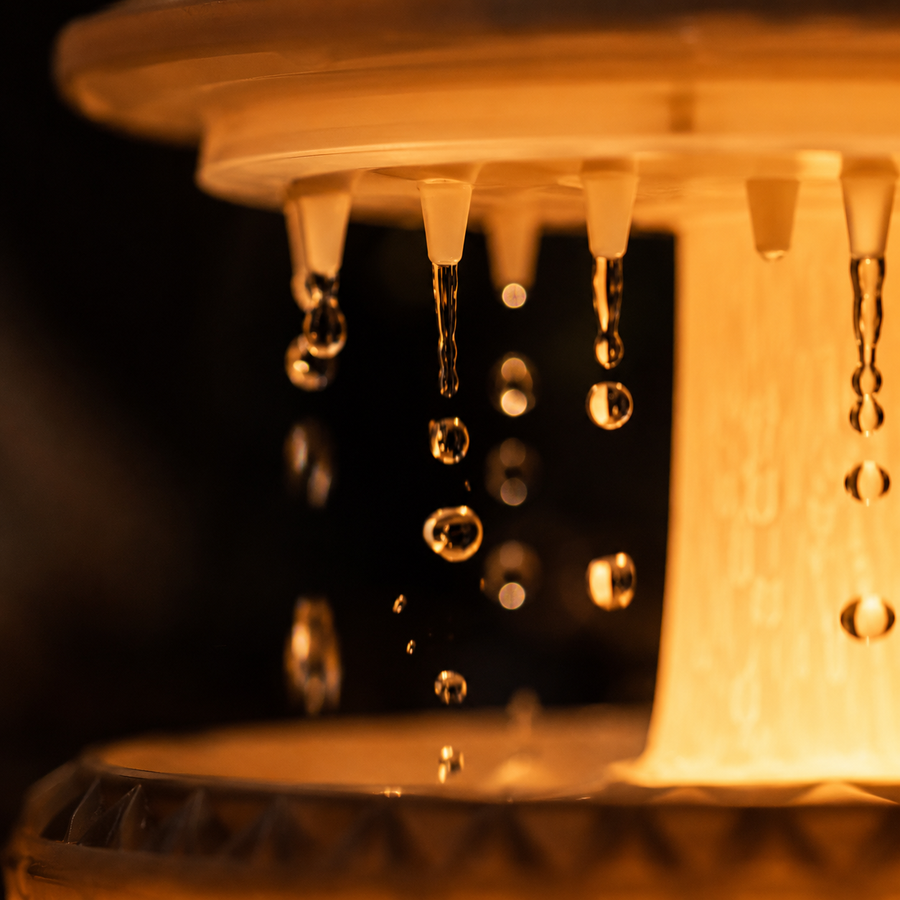 Detalle de las gotas cayendo del disco superior del difusor CALEROA