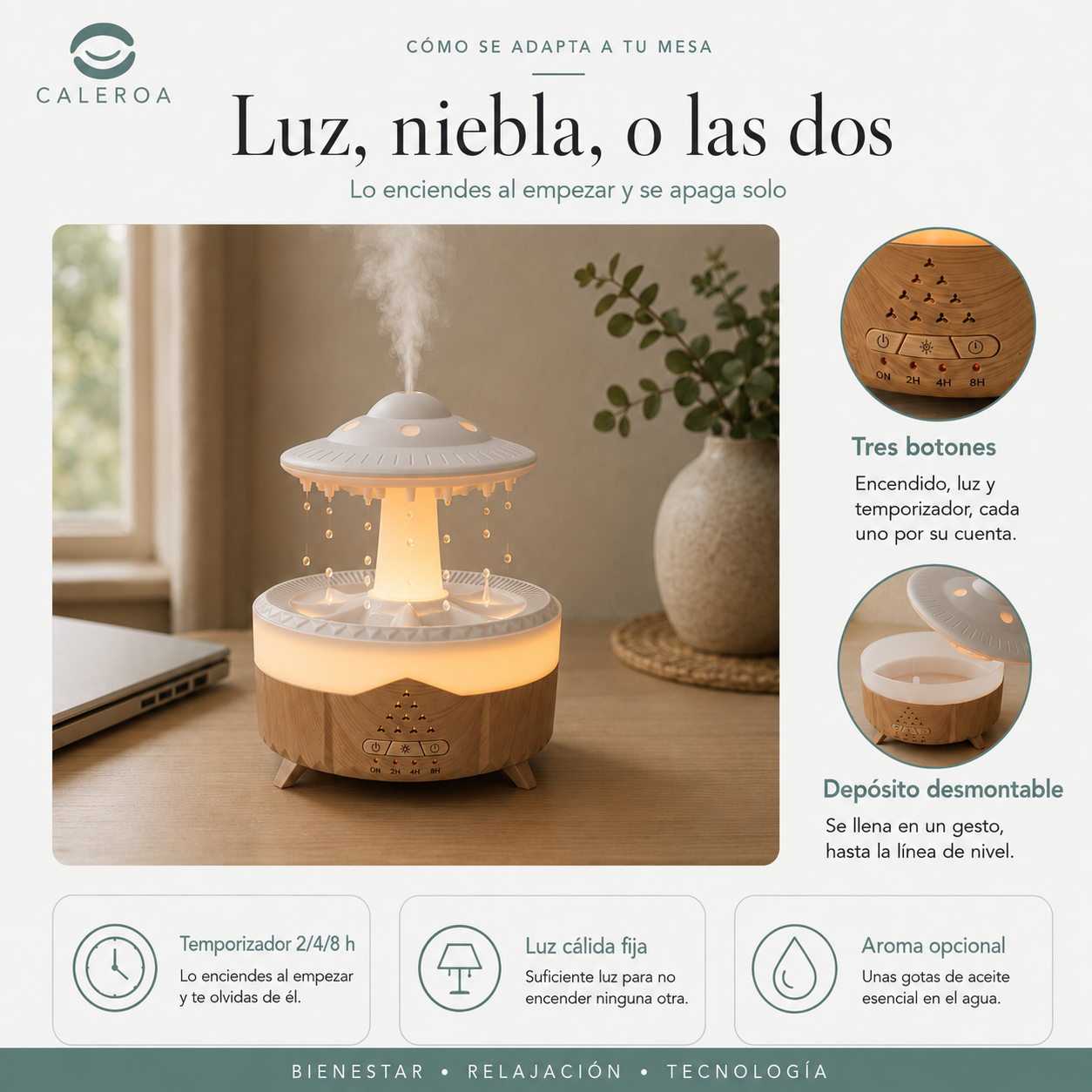 Ficha de funciones del difusor: temporizador, luz cálida fija y aroma opcional