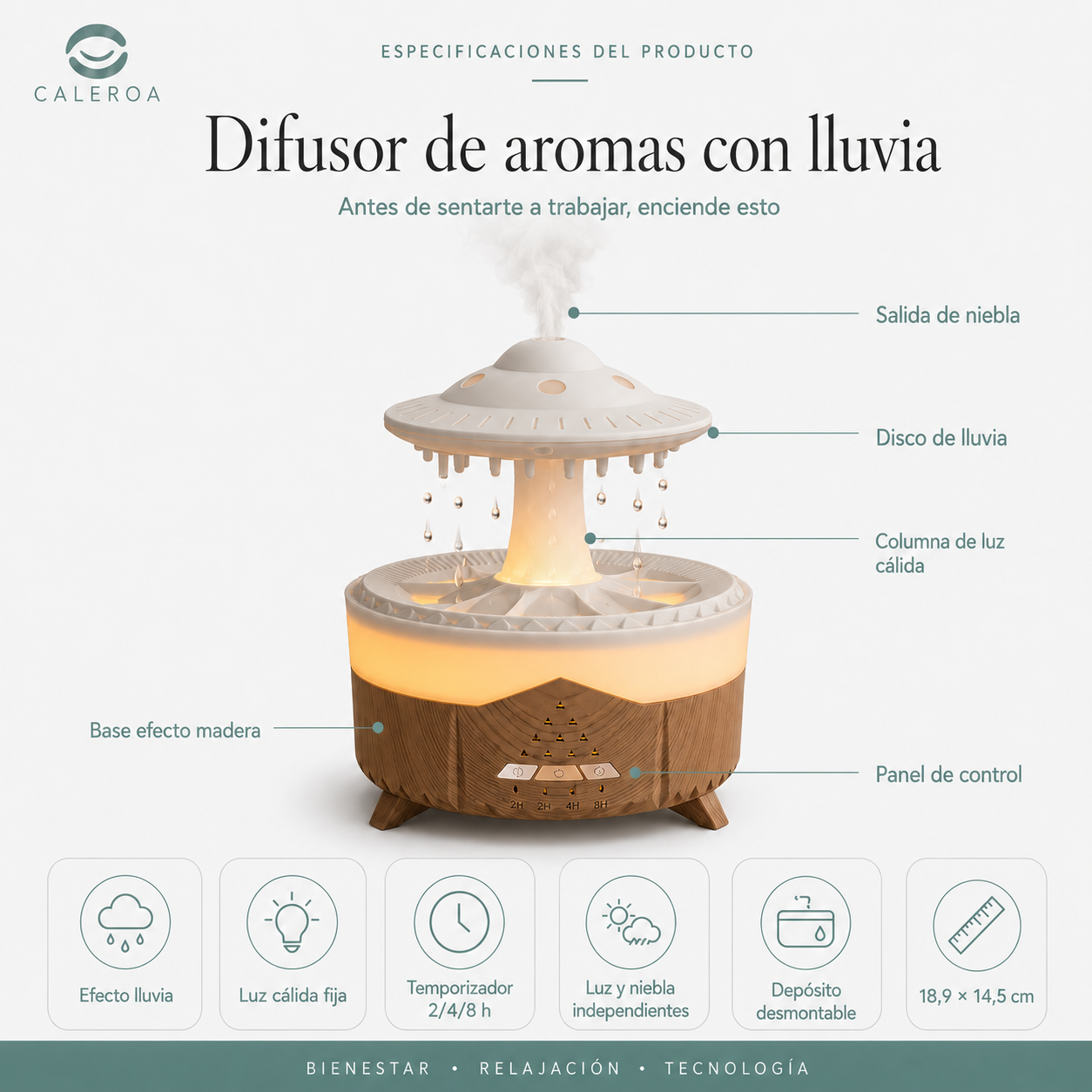 Especificaciones del difusor de aromas con lluvia de CALEROA
