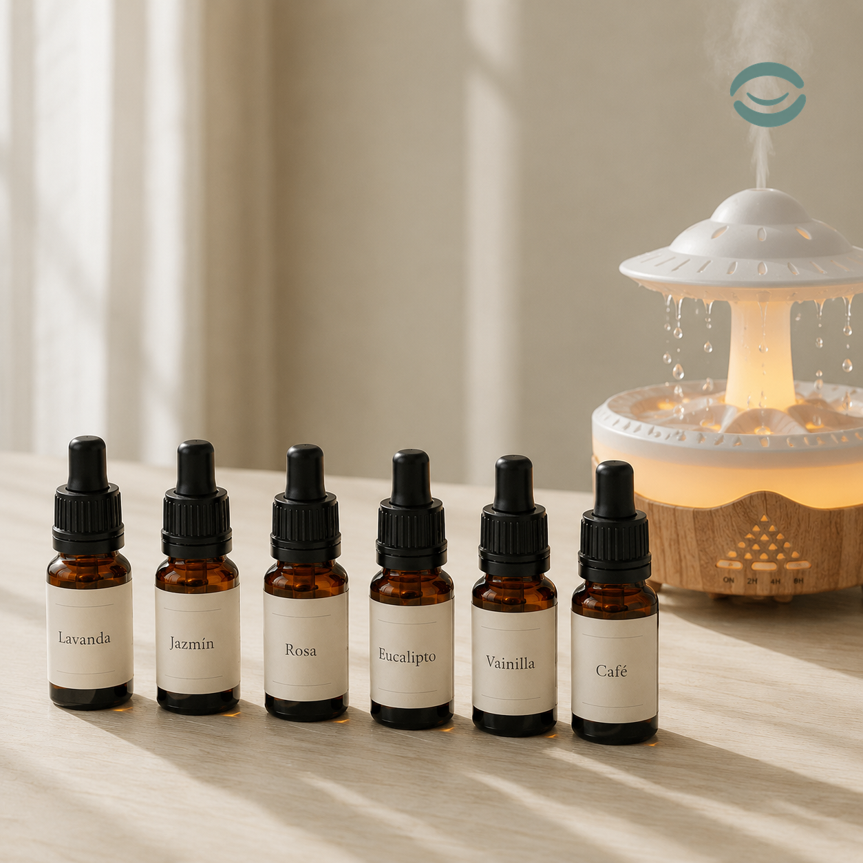 Difusor CALEROA junto a los seis frascos de aroma sobre una mesa de madera