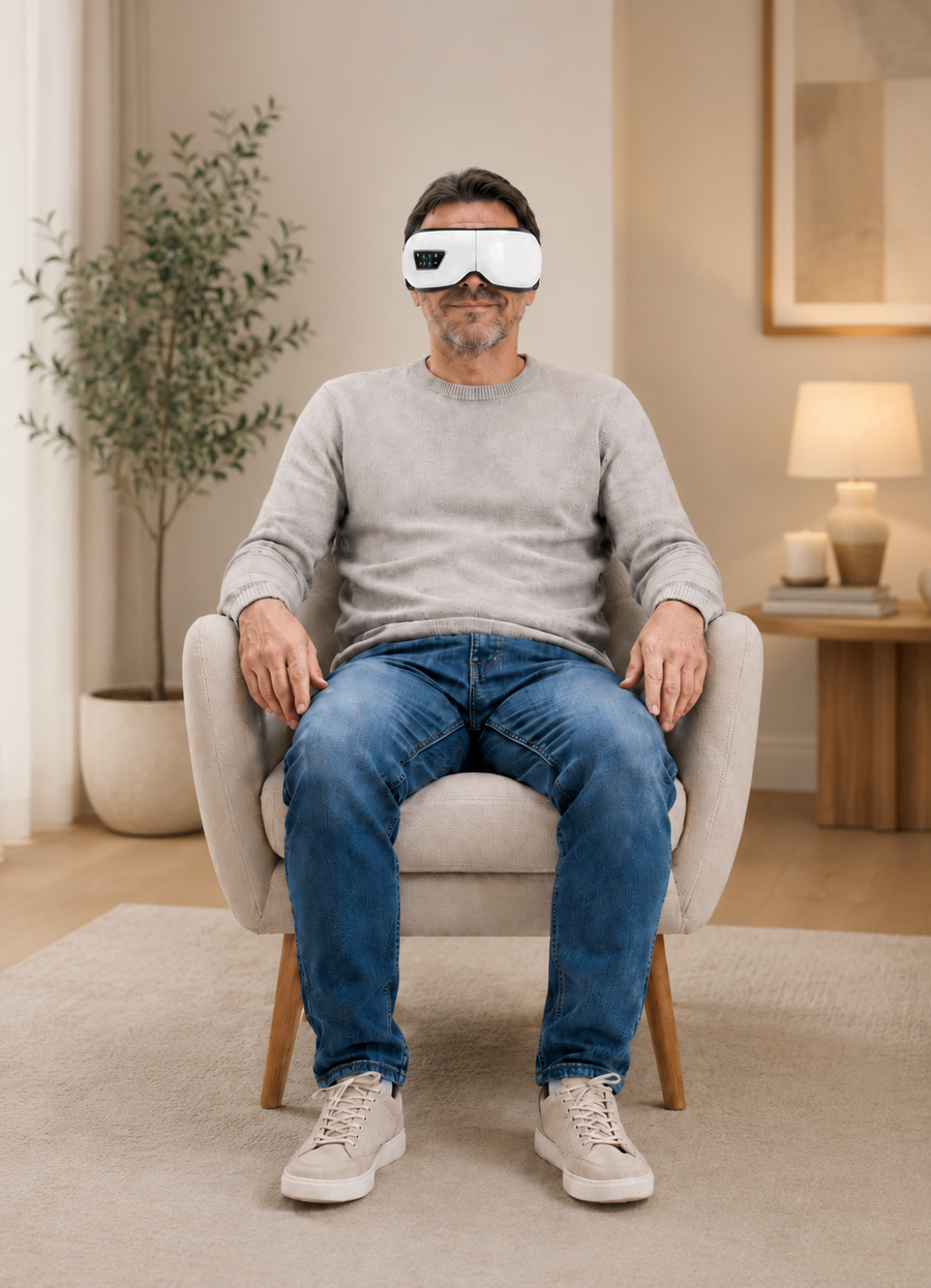 La misma persona, en el mismo sillón, con el masajeador ocular puesto